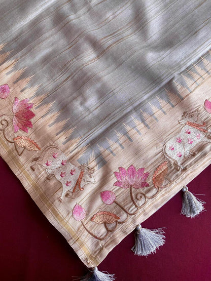 Diaphanous Grey Embroidery Work Tussar Silk Saree With Enthralling Blouse Piece