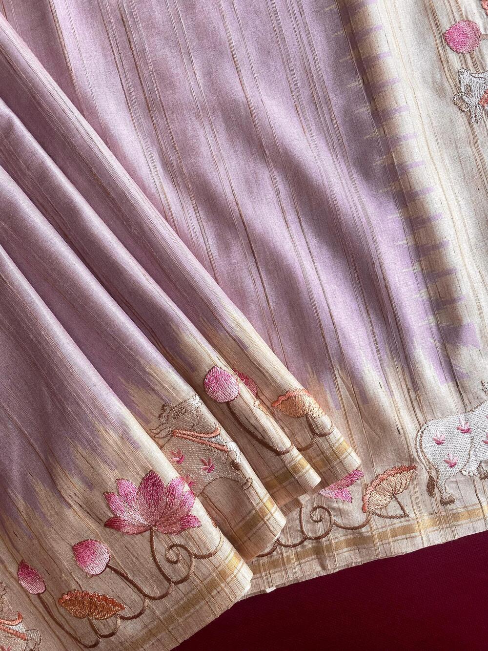 Cynosure Lavender Embroidery Work Tussar Silk Saree With Outstanding Blouse Piece