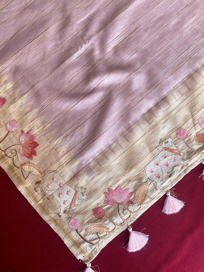 Cynosure Lavender Embroidery Work Tussar Silk Saree With Outstanding Blouse Piece