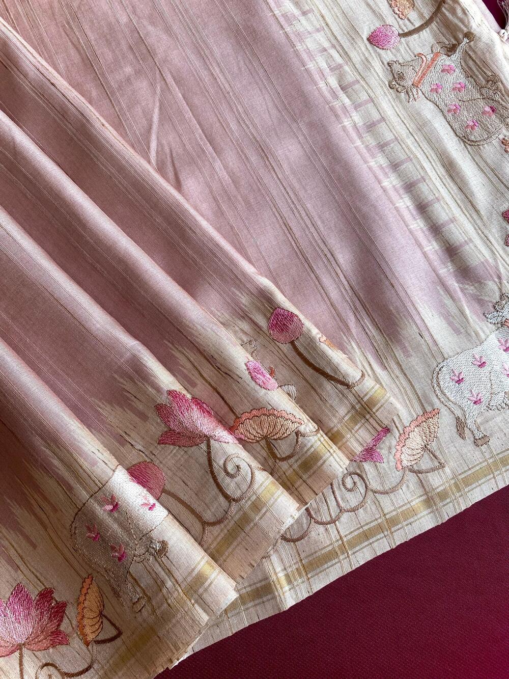Moiety Pink Embroidery Work Tussar Silk Saree With Sophisticated Blouse Piece