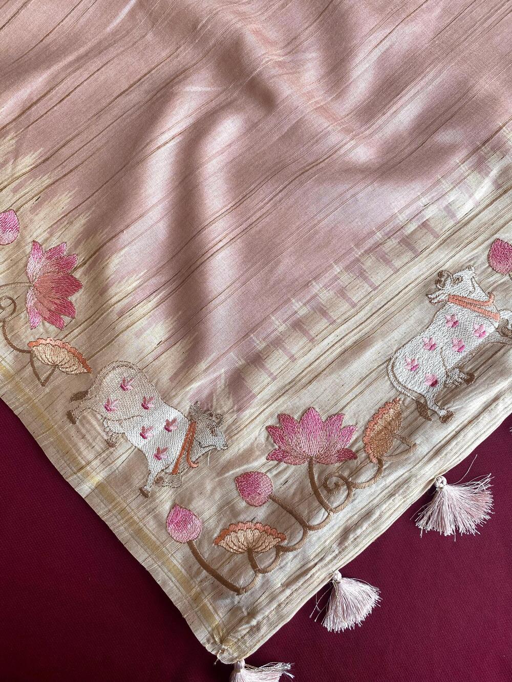 Moiety Pink Embroidery Work Tussar Silk Saree With Sophisticated Blouse Piece