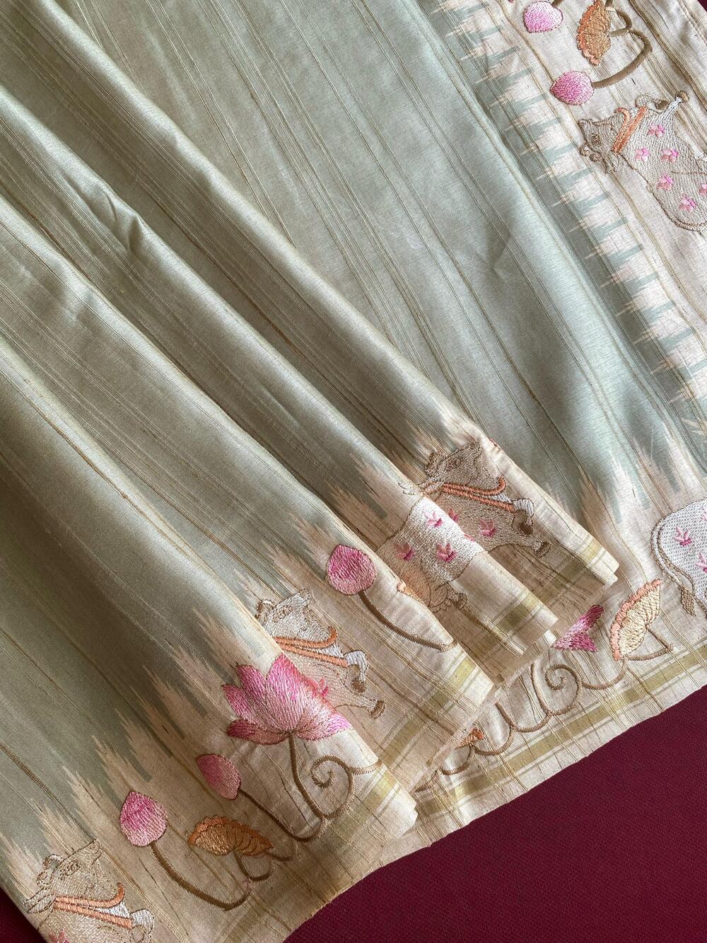 Phenomenal Pista Embroidery Work Tussar Silk Saree With Designer Blouse Piece