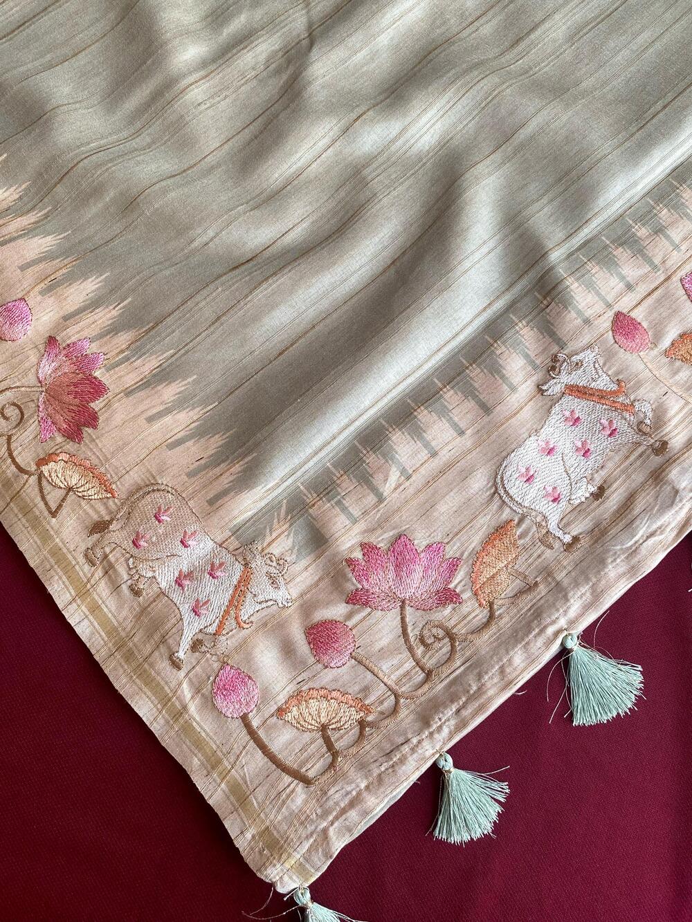 Phenomenal Pista Embroidery Work Tussar Silk Saree With Designer Blouse Piece