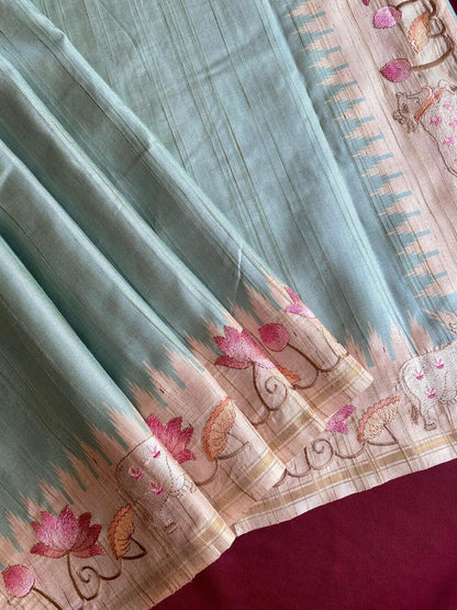 Fugacious Sea Green Embroidery Work Tussar Silk Saree With Invaluable Blouse Piece