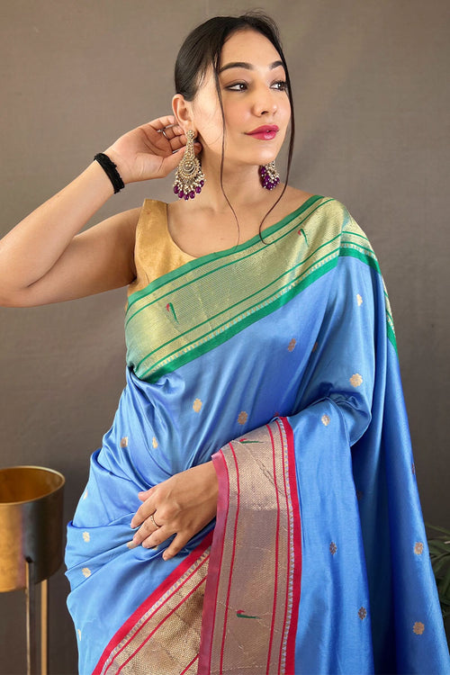 Load image into Gallery viewer, Attractive Firozi Paithani Silk Saree With Deserving Blouse Piece
