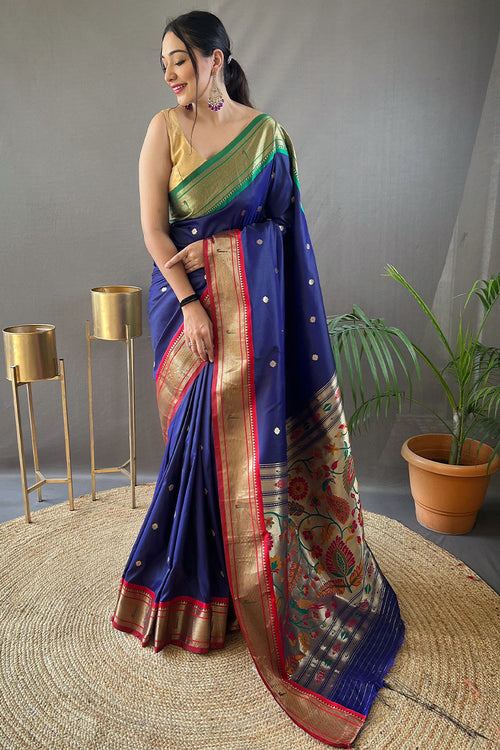 Load image into Gallery viewer, Desiring Navy Blue Paithani Silk Saree With Breathtaking Blouse Piece
