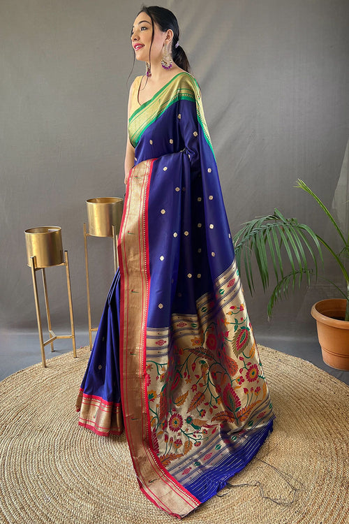 Load image into Gallery viewer, Desiring Navy Blue Paithani Silk Saree With Breathtaking Blouse Piece
