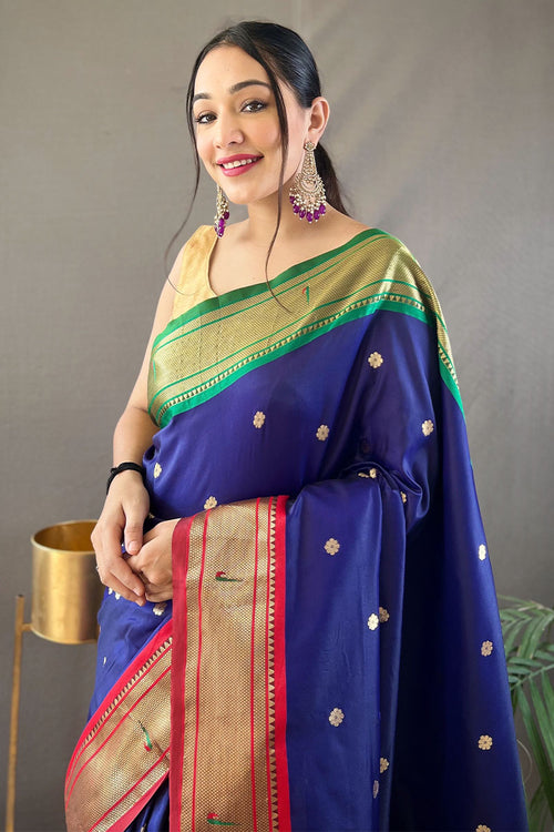 Load image into Gallery viewer, Desiring Navy Blue Paithani Silk Saree With Breathtaking Blouse Piece
