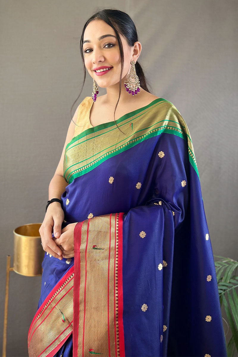 Desiring Navy Blue Paithani Silk Saree With Breathtaking Blouse Piece