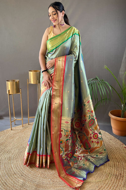 Load image into Gallery viewer, Twirling Pista Paithani Silk Saree With Exquisite Blouse Piece
