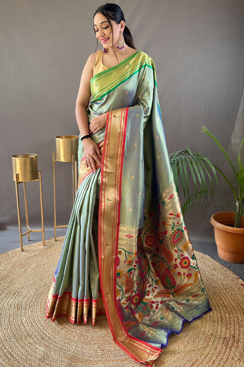 Twirling Pista Paithani Silk Saree With Exquisite Blouse Piece