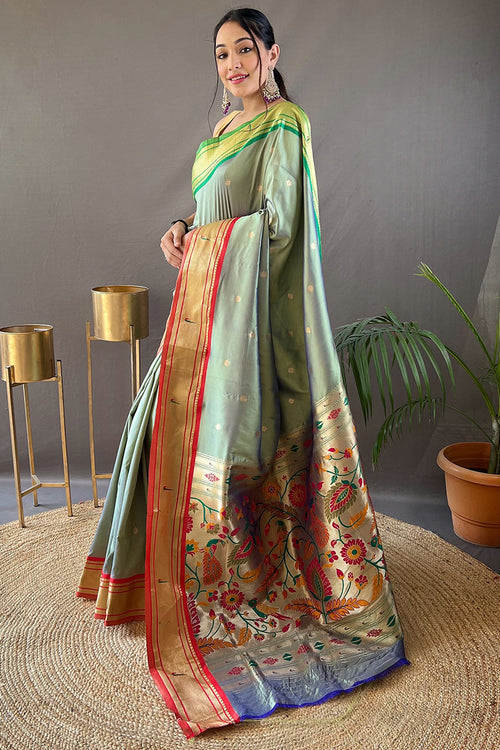 Load image into Gallery viewer, Twirling Pista Paithani Silk Saree With Exquisite Blouse Piece
