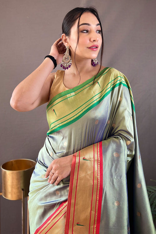 Load image into Gallery viewer, Twirling Pista Paithani Silk Saree With Exquisite Blouse Piece
