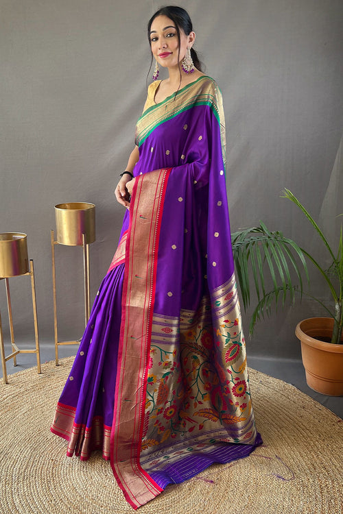 Load image into Gallery viewer, Excellent Purple Paithani Silk Saree With Assemblage Blouse Piece
