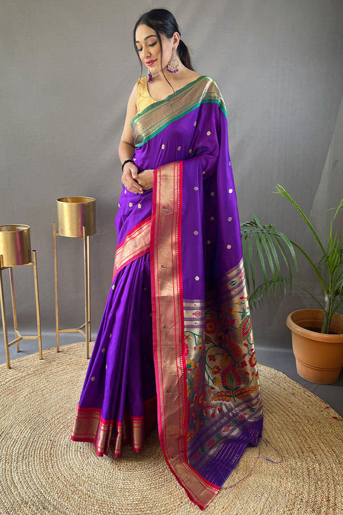 Load image into Gallery viewer, Excellent Purple Paithani Silk Saree With Assemblage Blouse Piece
