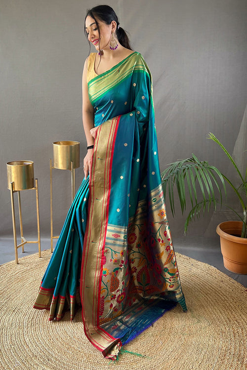 Load image into Gallery viewer, Diaphanous Rama Paithani Silk Saree With Eloquence Blouse Piece
