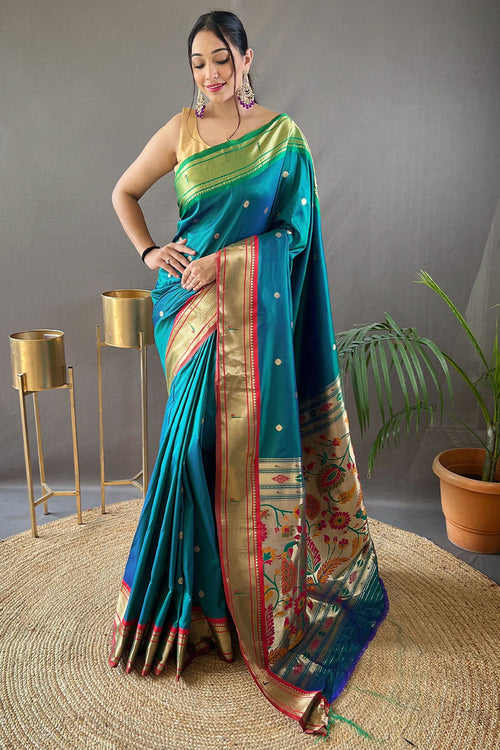 Load image into Gallery viewer, Diaphanous Rama Paithani Silk Saree With Eloquence Blouse Piece
