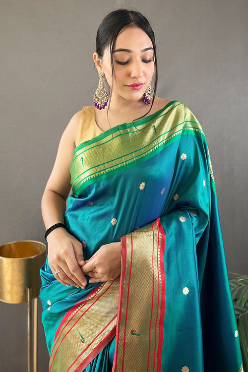 Load image into Gallery viewer, Diaphanous Rama Paithani Silk Saree With Eloquence Blouse Piece
