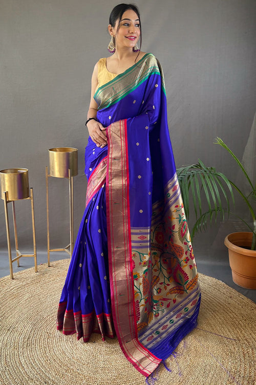 Load image into Gallery viewer, Propinquity Royal Blue Paithani Silk Saree With Pleasurable Blouse Piece
