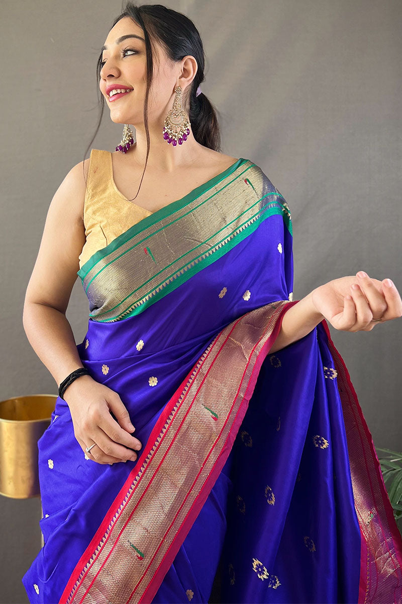 Propinquity Royal Blue Paithani Silk Saree With Pleasurable Blouse Piece