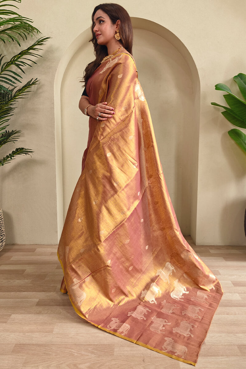 Lagniappe Brown Soft Banarasi Tissue Silk Saree With Dalliance Blouse Piece