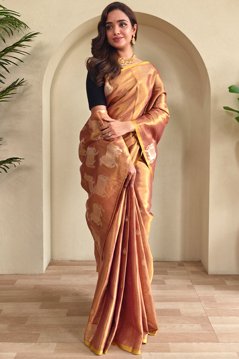 Lagniappe Brown Soft Banarasi Tissue Silk Saree With Dalliance Blouse Piece