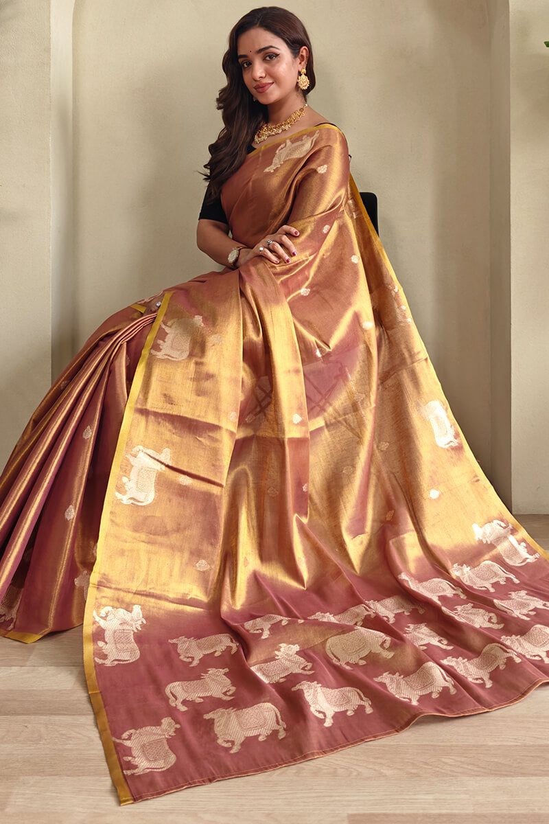 Lagniappe Brown Soft Banarasi Tissue Silk Saree With Dalliance Blouse Piece