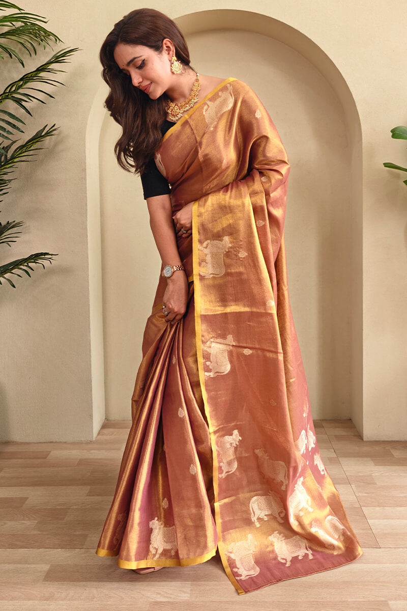 Lagniappe Brown Soft Banarasi Tissue Silk Saree With Dalliance Blouse Piece