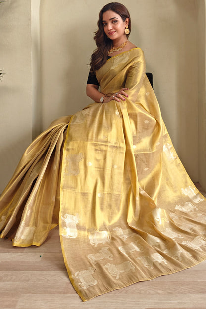 Rhapsody Dark Beige Soft Banarasi Tissue Silk Saree With Ethnic Blouse Piece