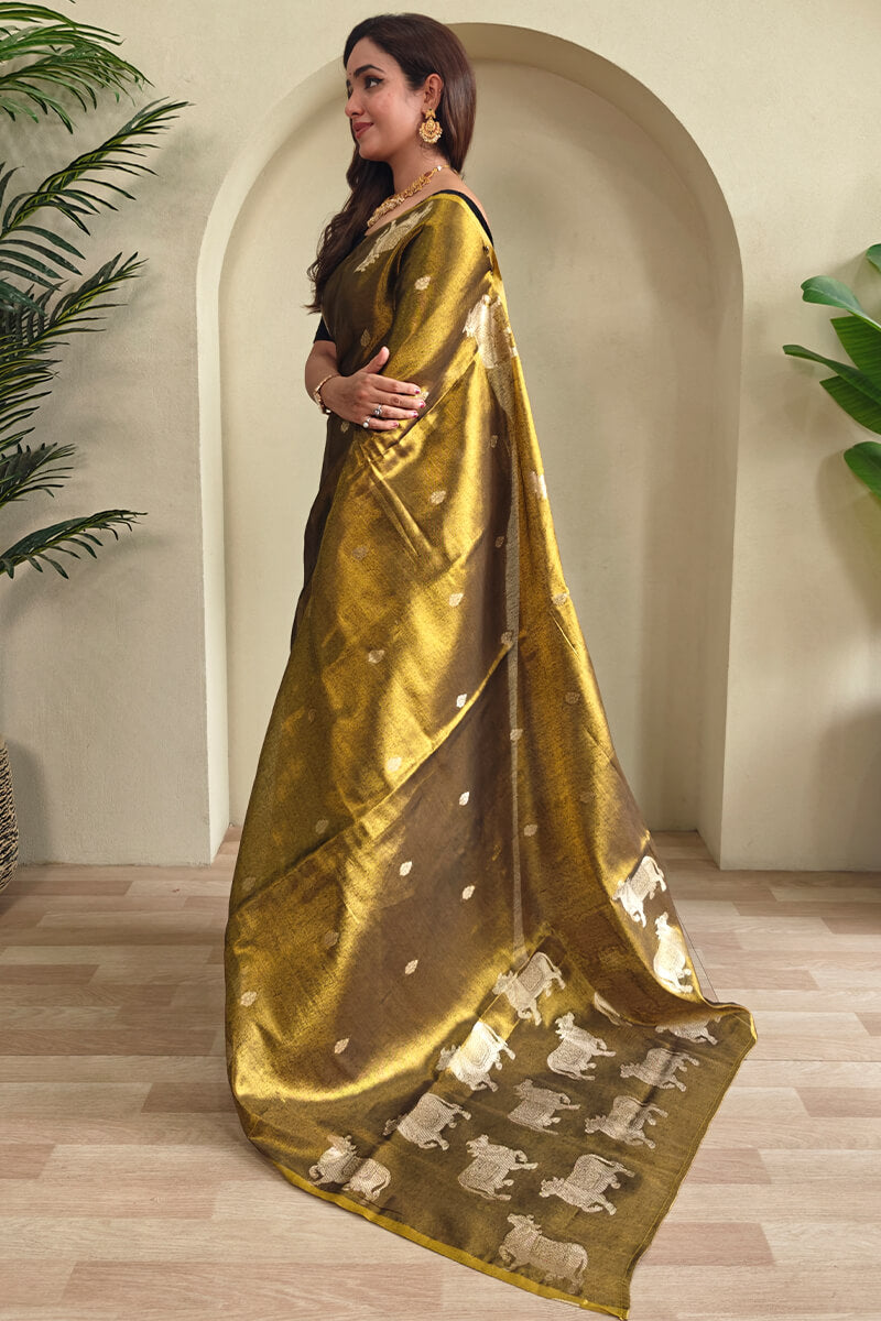 Forbearance Golden Soft Banarasi Tissue Silk Saree With Elegant Blouse Piece