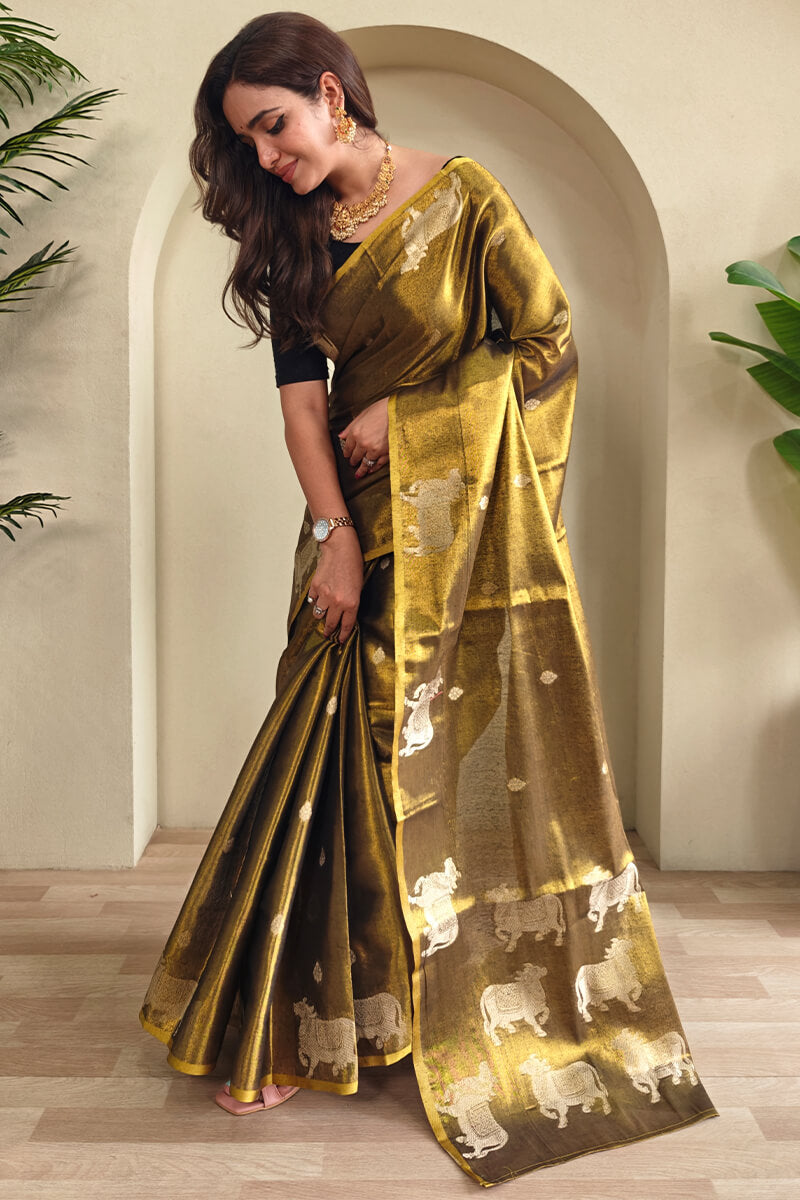 Forbearance Golden Soft Banarasi Tissue Silk Saree With Elegant Blouse Piece