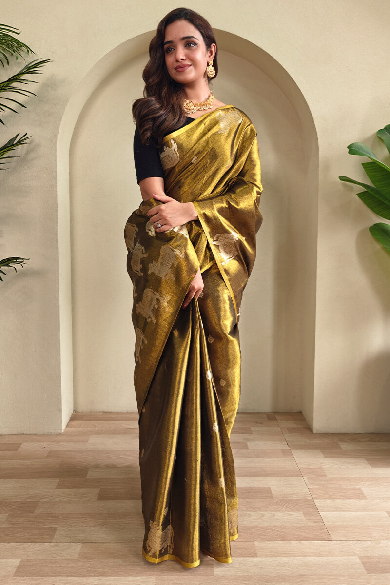 Forbearance Golden Soft Banarasi Tissue Silk Saree With Elegant Blouse Piece