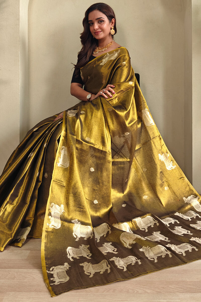 Forbearance Golden Soft Banarasi Tissue Silk Saree With Elegant Blouse Piece