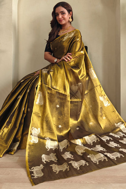 Forbearance Golden Soft Banarasi Tissue Silk Saree With Elegant Blouse Piece