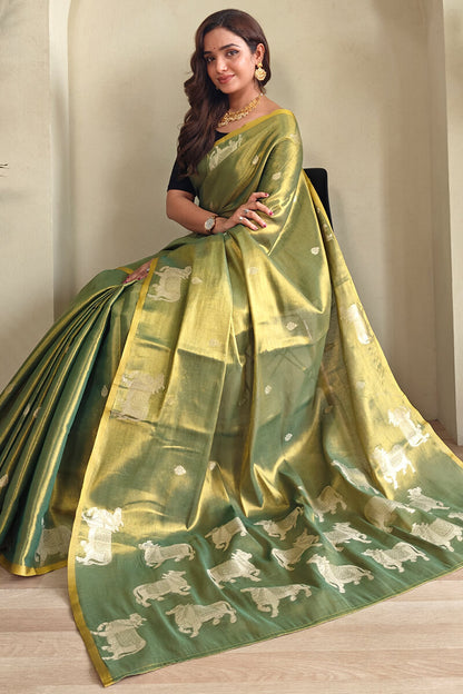Classic Green Soft Banarasi Tissue Silk Saree With Scrupulous Blouse Piece