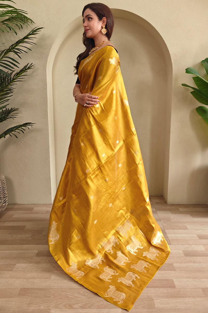 Rhapsodic Mustard Soft Banarasi Tissue Silk Saree With Ephemeral Blouse Piece