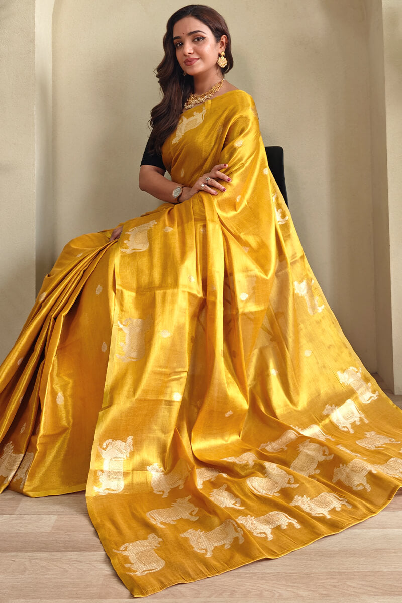 Rhapsodic Mustard Soft Banarasi Tissue Silk Saree With Ephemeral Blouse Piece