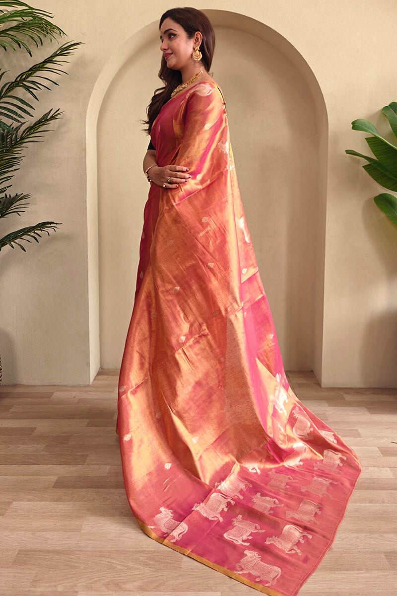 Demesne Pink Soft Banarasi Tissue Silk Saree With Rhapsodic Blouse Piece