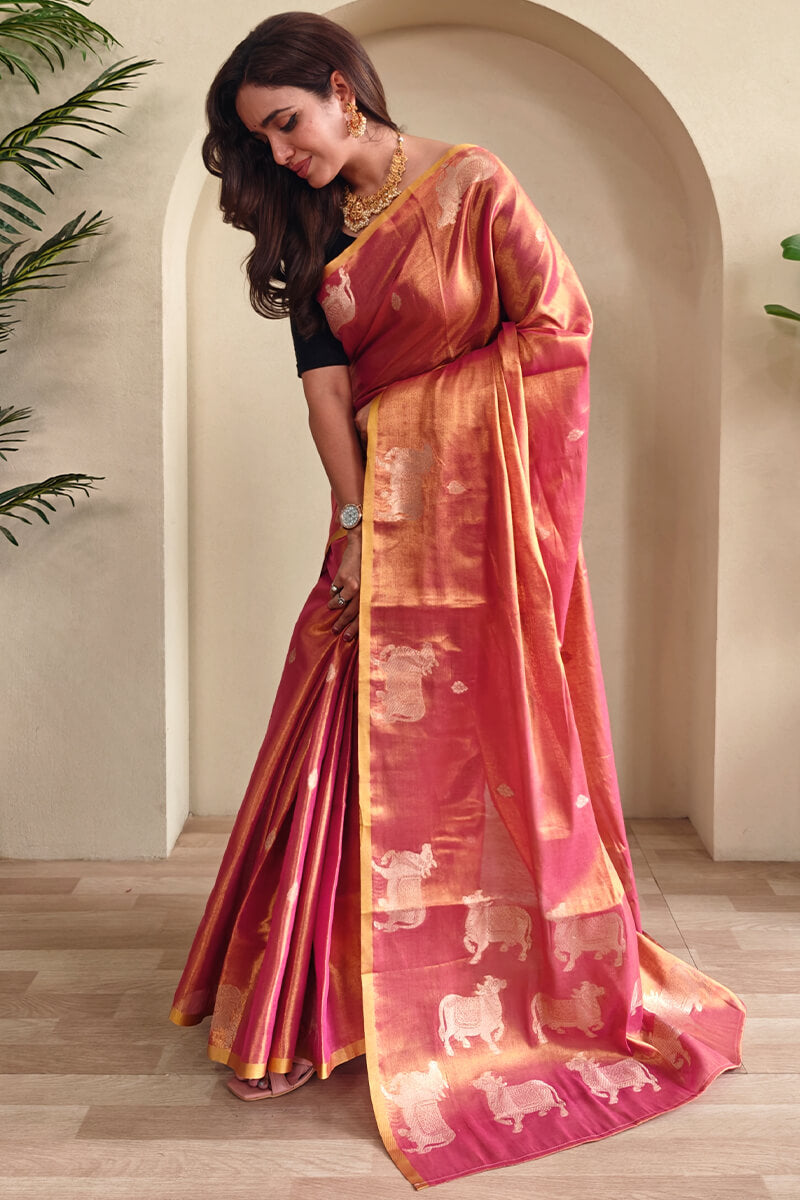 Demesne Pink Soft Banarasi Tissue Silk Saree With Rhapsodic Blouse Piece