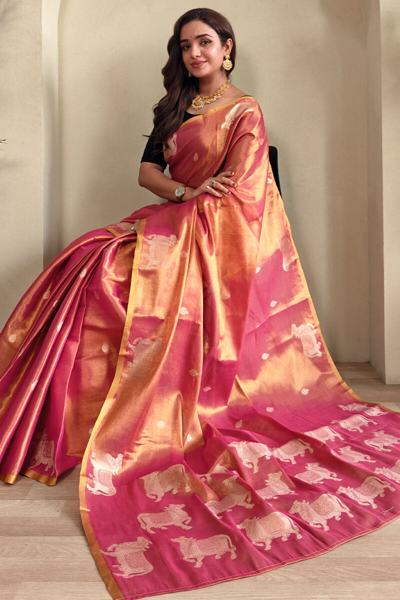 Demesne Pink Soft Banarasi Tissue Silk Saree With Rhapsodic Blouse Piece