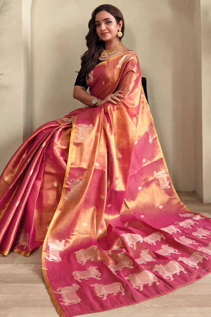 Demesne Pink Soft Banarasi Tissue Silk Saree With Rhapsodic Blouse Piece
