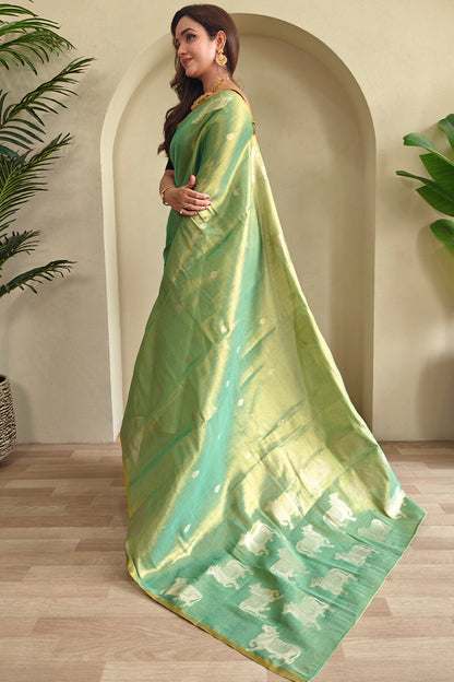 Splendiferous Pista Soft Banarasi Tissue Silk Saree With Elegant Blouse Piece