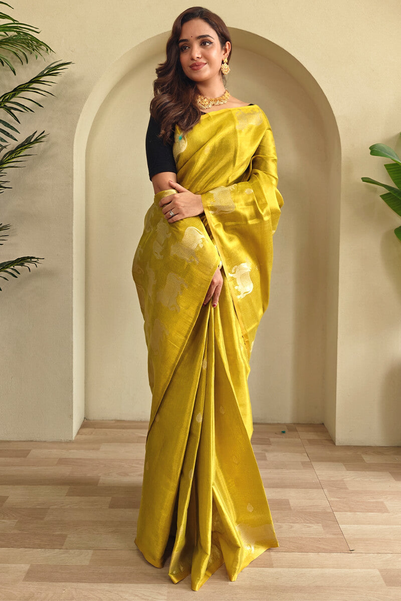 Girlish Yellow Soft Banarasi Tissue Silk Saree With Bewitching Blouse Piece