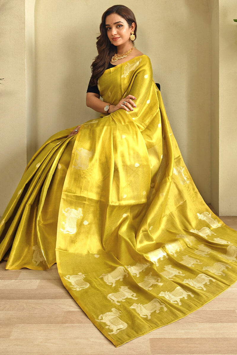 Girlish Yellow Soft Banarasi Tissue Silk Saree With Bewitching Blouse Piece