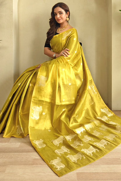 Girlish Yellow Soft Banarasi Tissue Silk Saree With Bewitching Blouse Piece