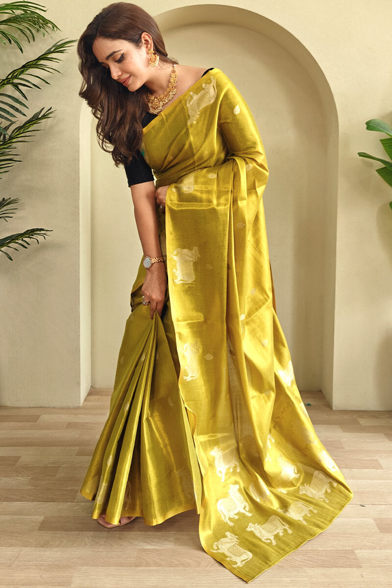 Girlish Yellow Soft Banarasi Tissue Silk Saree With Bewitching Blouse Piece