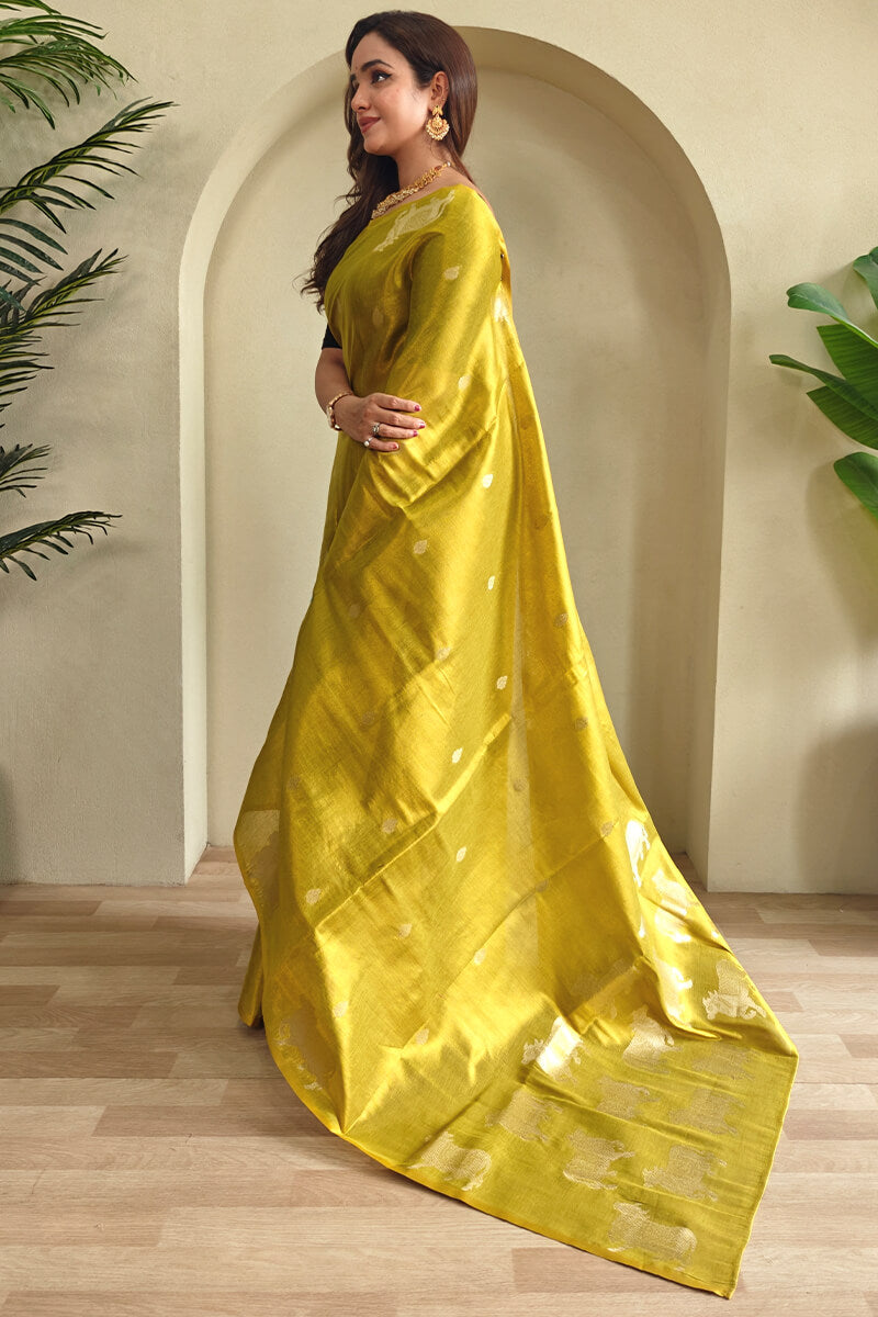 Girlish Yellow Soft Banarasi Tissue Silk Saree With Bewitching Blouse Piece