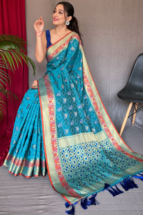 Load image into Gallery viewer, Gossamer Firozi Patola Silk Saree with Magnificat Blouse Piece
