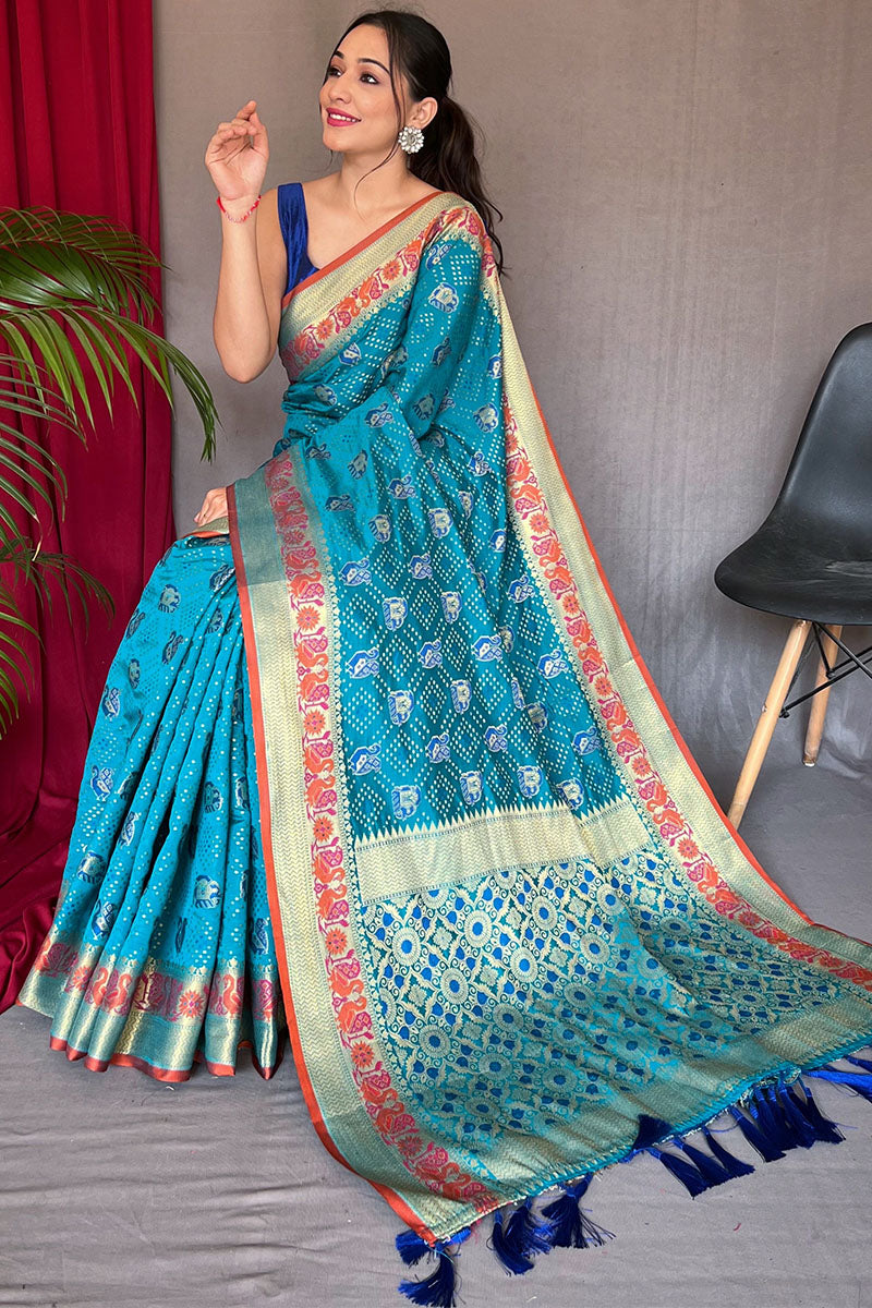 Gossamer Firozi Patola Silk Saree with Magnificat Blouse Piece