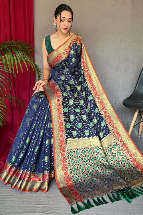 Load image into Gallery viewer, Gossamer Navy Blue Patola Silk Saree with Demure Blouse Piece
